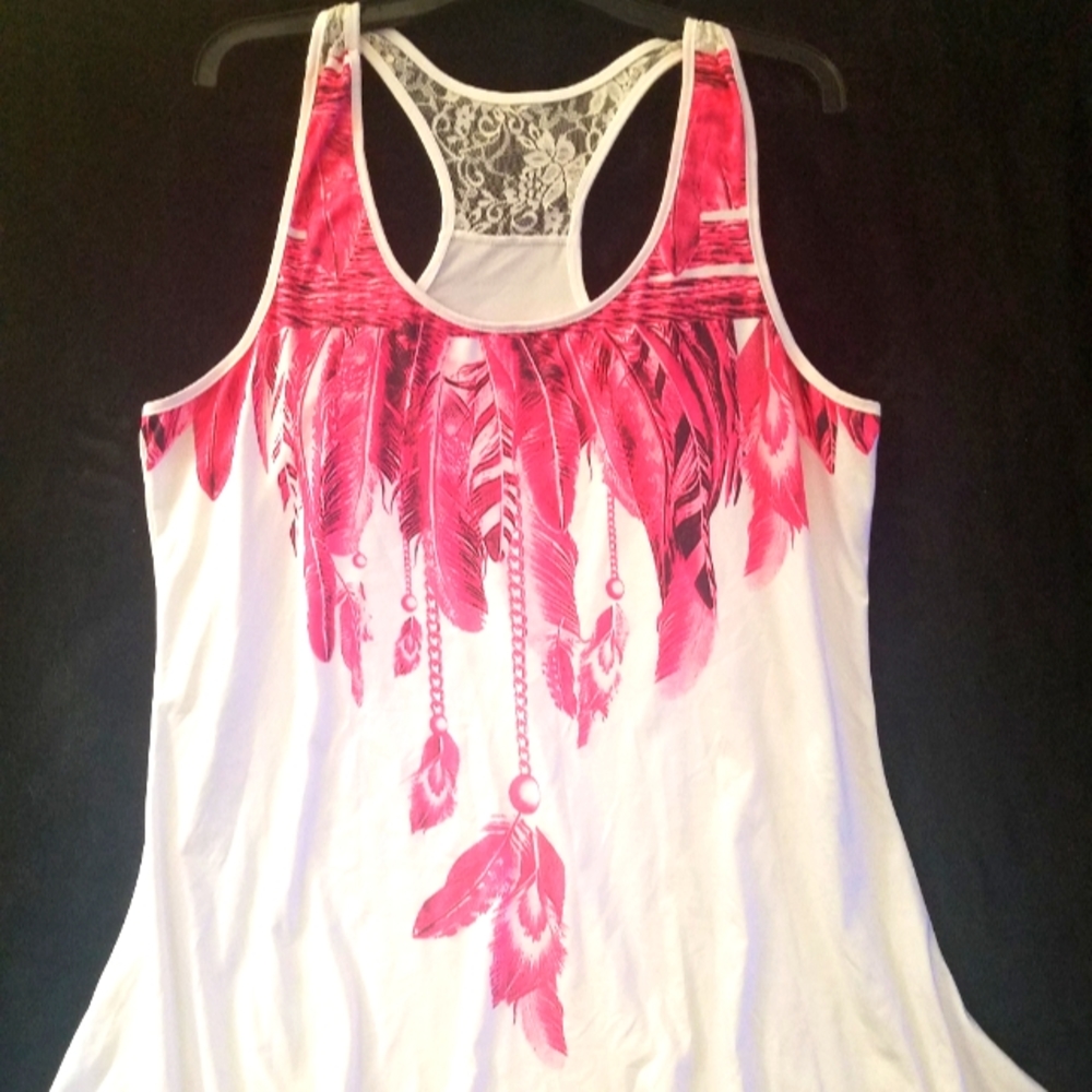 White lace racerback and hot pink feather graphics swim cover-up